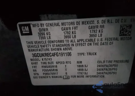 2015 Chevrolet Silverado 1500 2Lt из США, поврежденный, VIN 3GCUKREC4FG191106